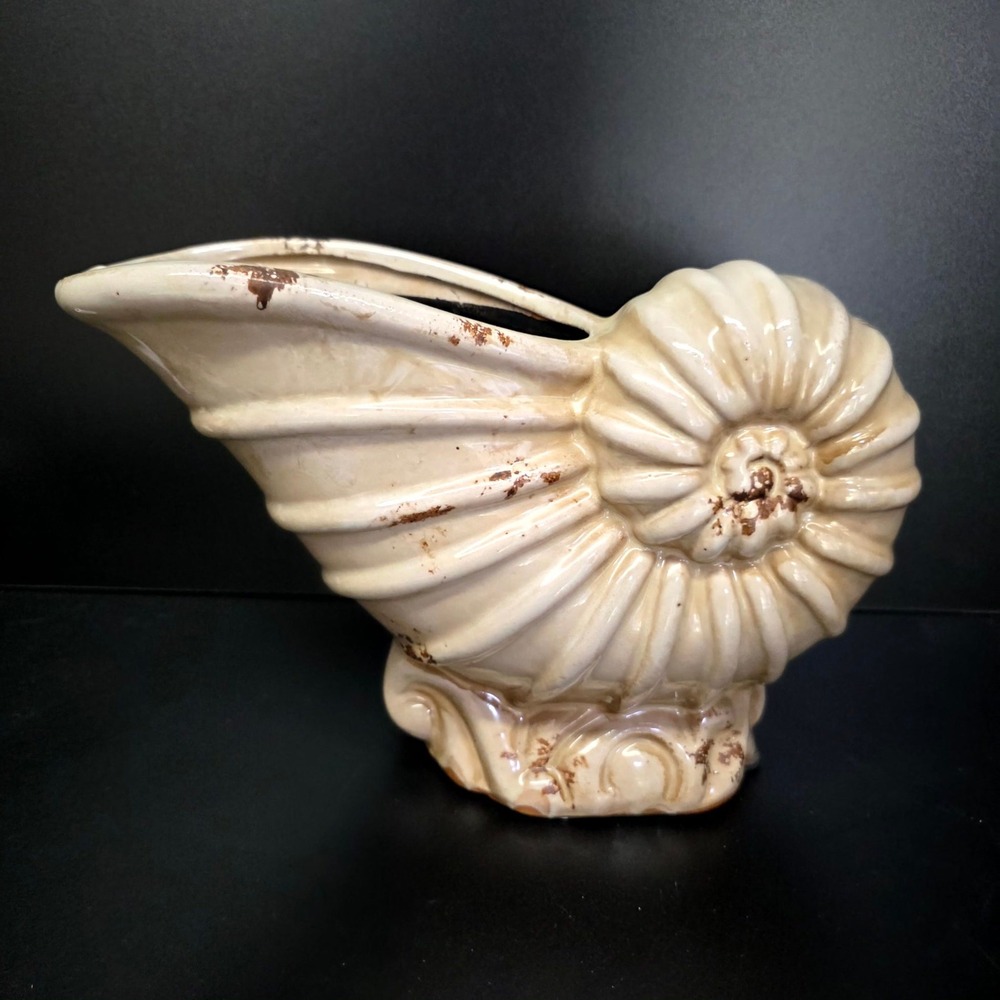 Privilege Nautilus Shell Planter 12" Cream Distressed Ceramic Coastal 66049